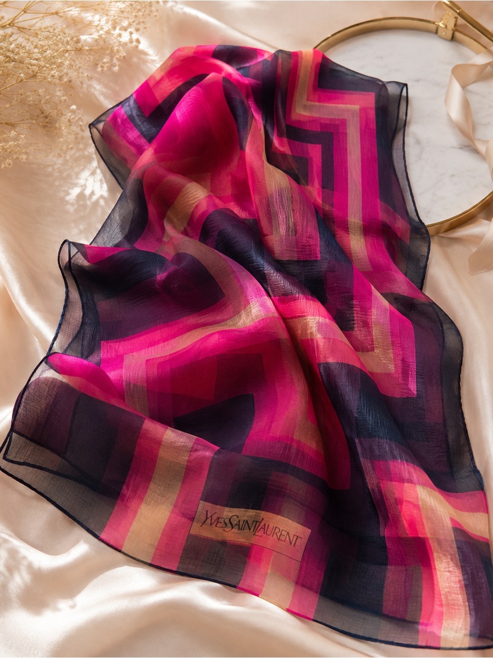 Yves Saint Laurent Silk Geometric Scarf Pink Navy 30” Square
